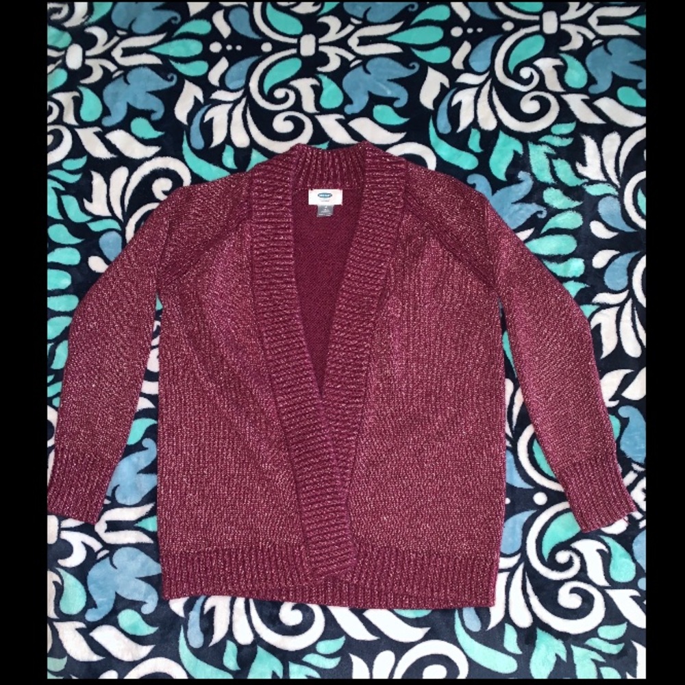 Burgundy with gold cardigan